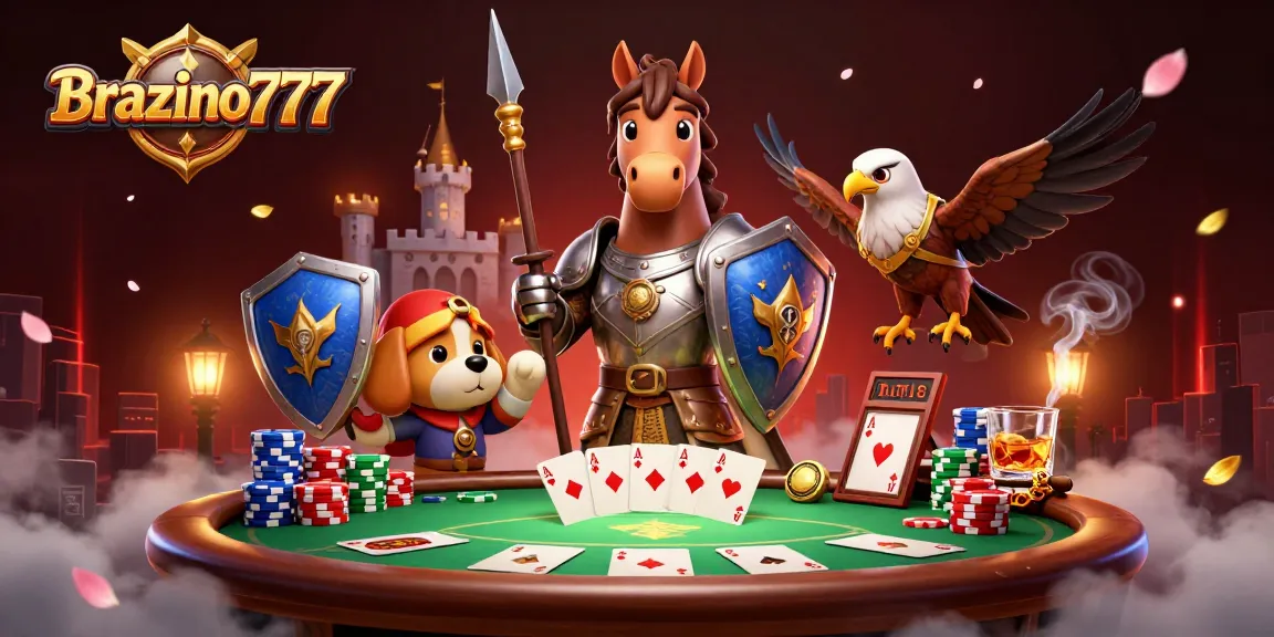 Brazino777 gamblers enjoying a dynamic poker game, surrounded by colorful chips and cards.