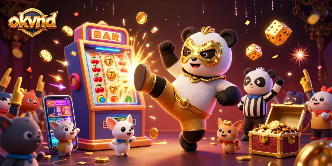 Experience the thrill of okvnd with a dynamic scene of a wrestling panda, slot machines, and a cheering crowd in a vibrant casino atmosphere.