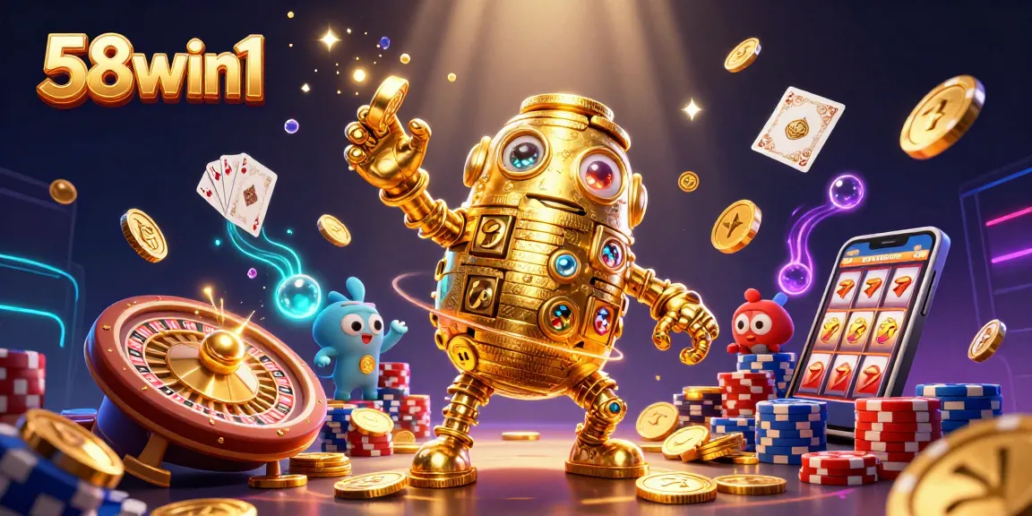 Play and win with 58win1, an engaging casino experience amid cascading coins and vibrant game elements.