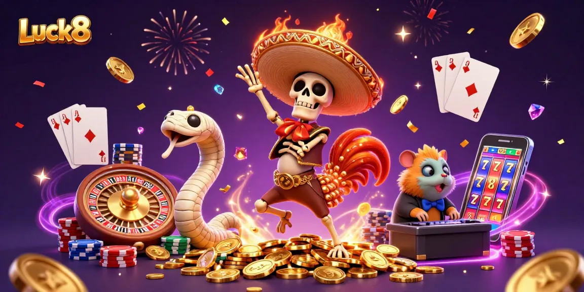 Experience thrilling wins with Luck8's vibrant casino scene featuring colorful characters and dynamic games.