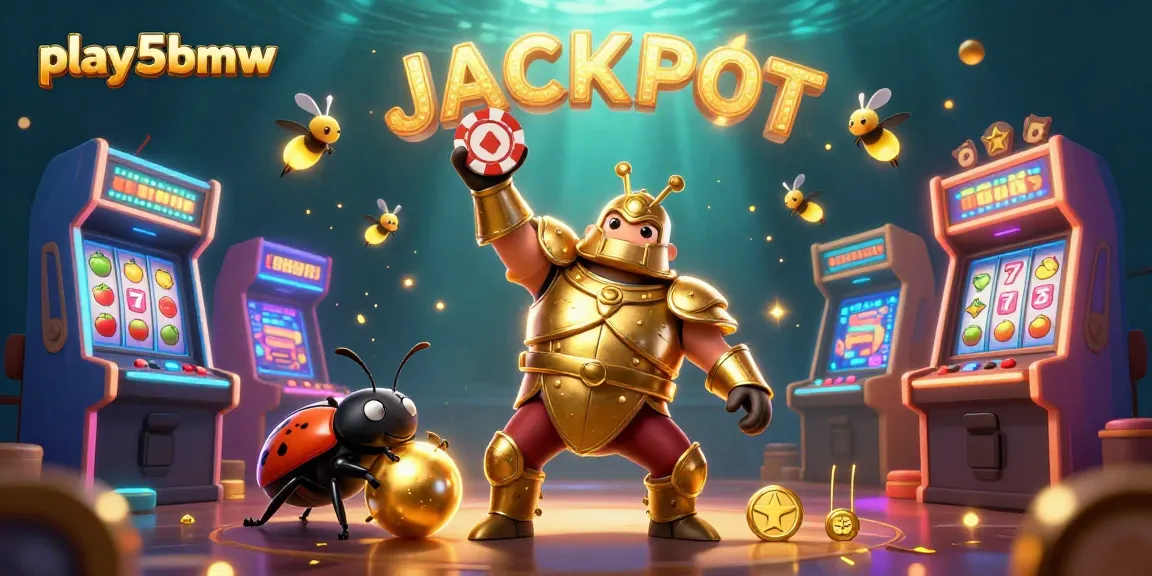 Play5BMW offers exciting gameplay with cartoon characters lifting poker chips and celebrating jackpots.