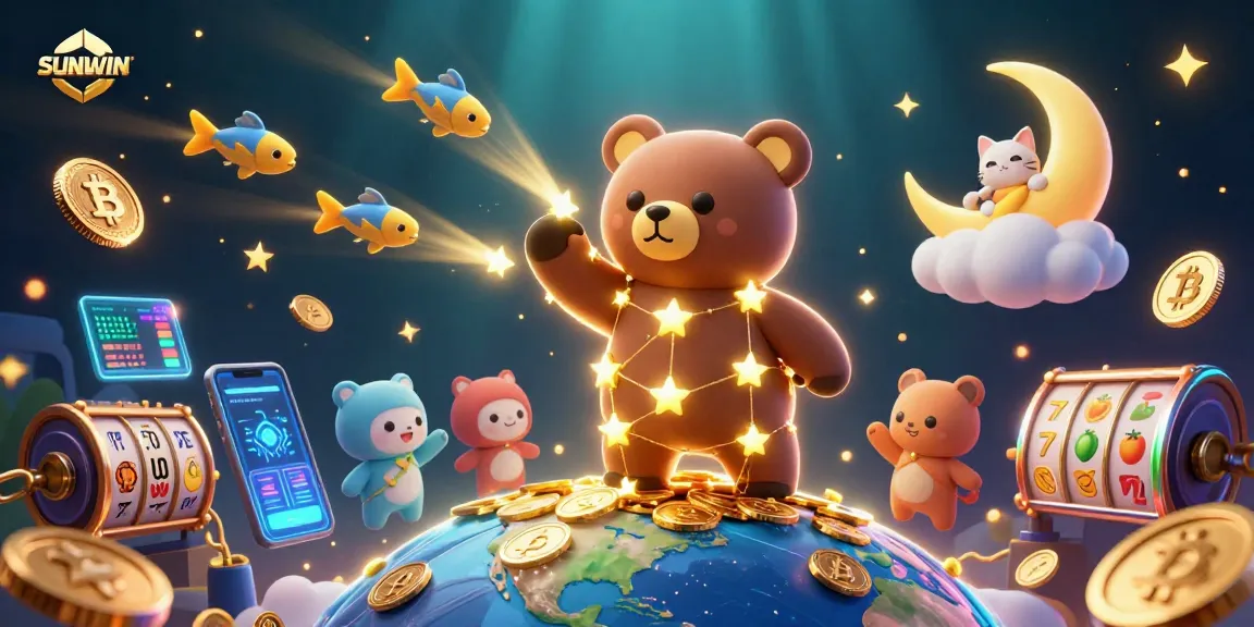 SUNWIN showcases thrilling slot reels with a constellation bear, embodying excitement in a digital casino