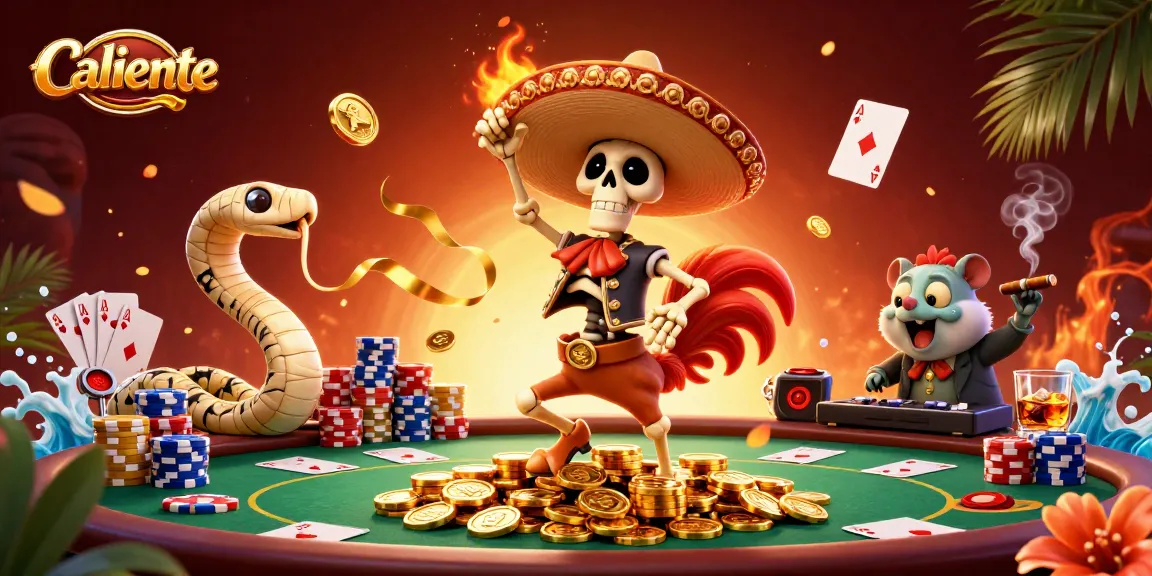 Caliente display of a mariachi rooster celebrating on golden coins at an exciting casino