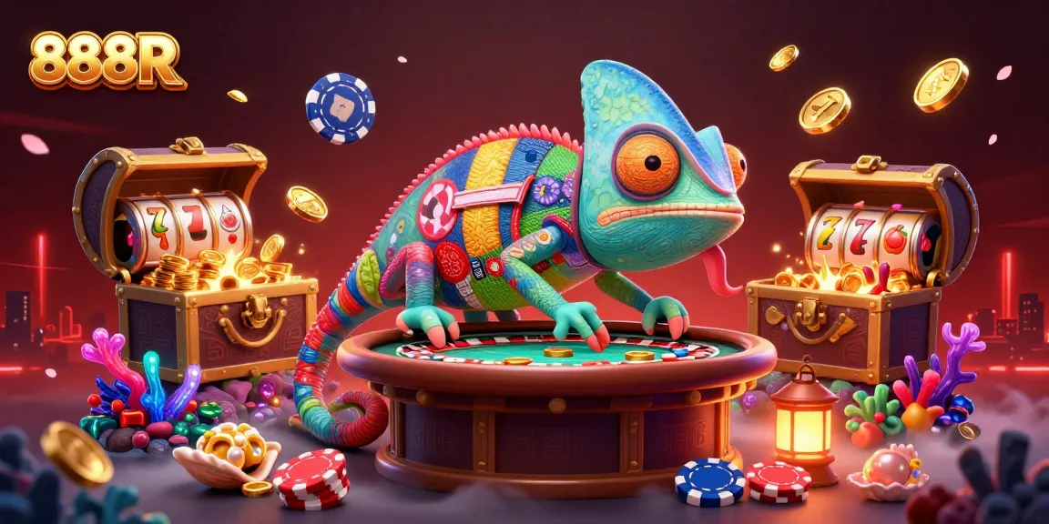 Experience thrilling 888R casino action with a vibrant scene full of engaging slots, chips, and a dynamic chameleon.