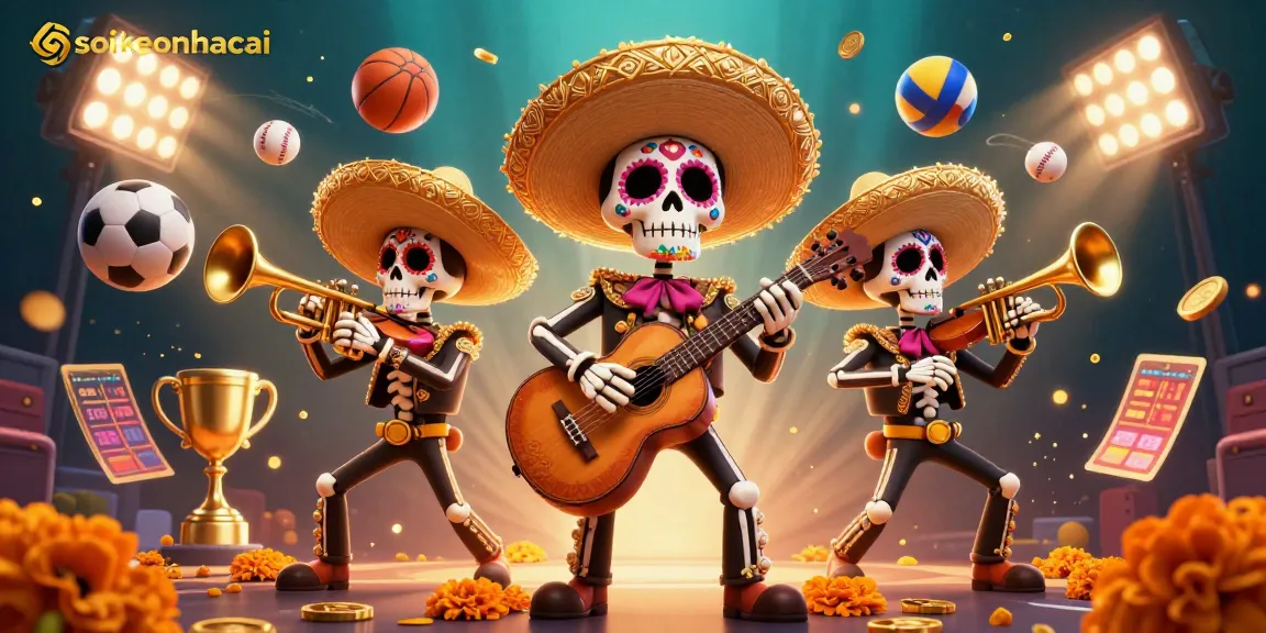Experience thrilling action with soikeonhacai featuring a vibrant mariachi band amidst dynamic sports elements.