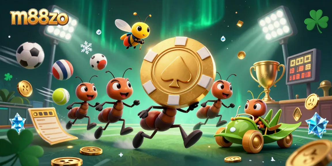 Experience an energetic heist scene with m88zo’s cartoon ants transporting a giant poker chip amid vibrant casino elements.