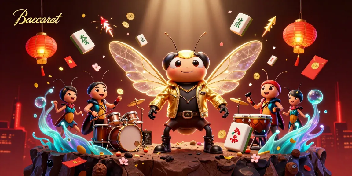 Baccarat game illustration featuring a vibrant 3D cicada rock star and joyful elements enhancing the gaming experience.
