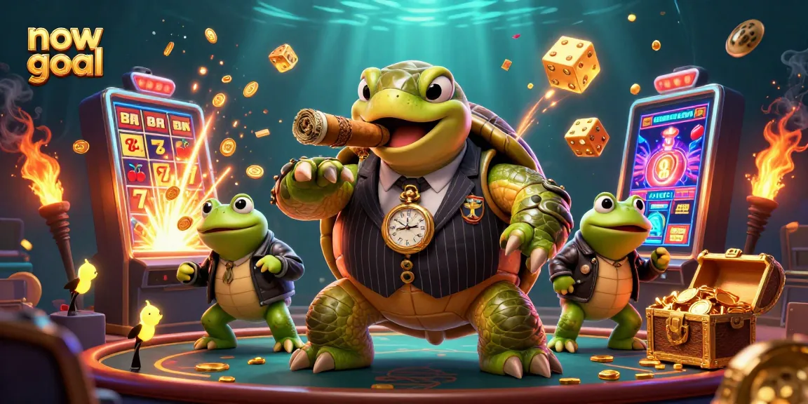 Betting with now goal, a snapping turtle mobster amidst casino symbols, gold coins flying around.