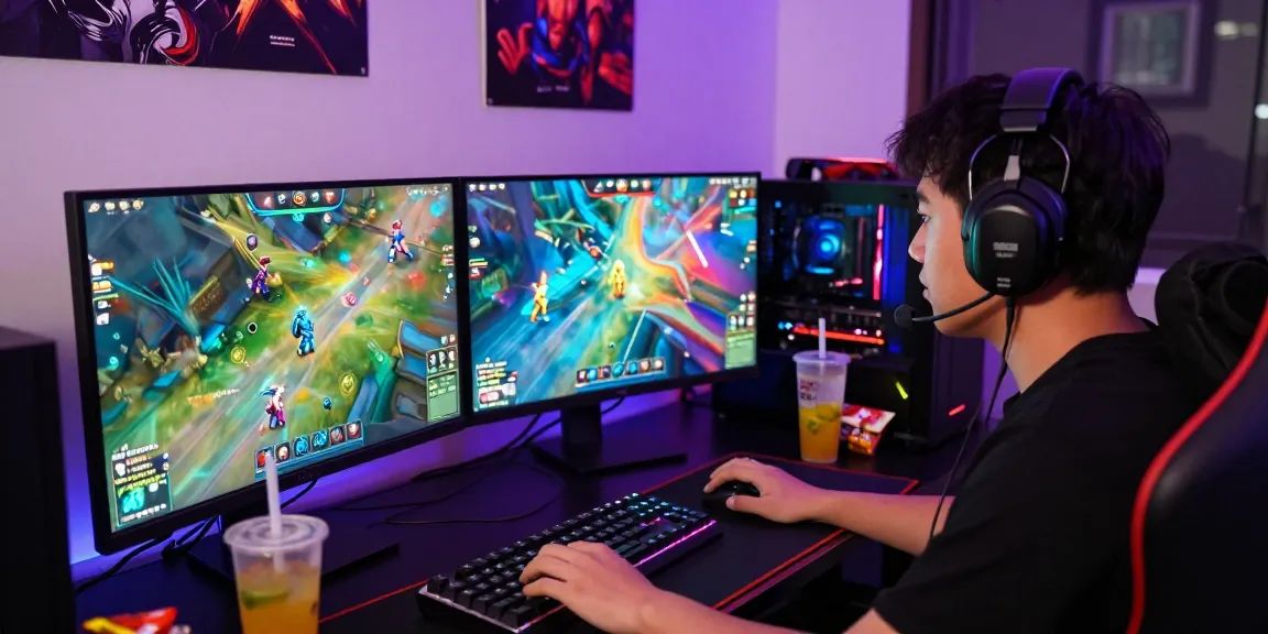 Exciting gaming session showcasing mahajitu online player engaged with dual monitors and vibrant graphics.