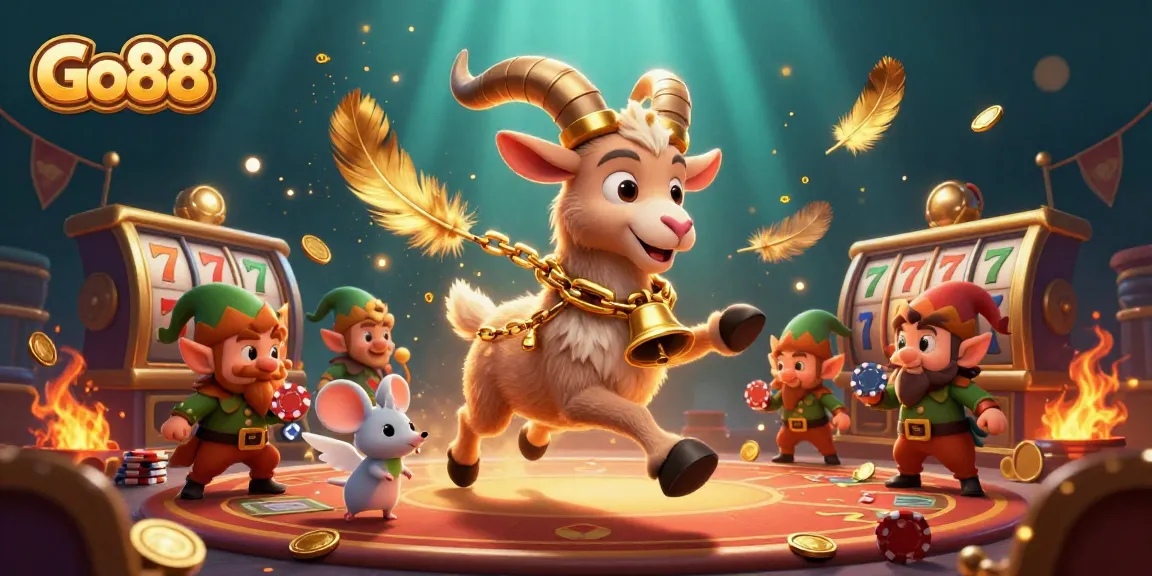 Go88 casino scene with playful characters and exciting gaming elements in a vibrant illustration.
