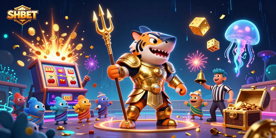 Experience SHBET's thrilling underwater jackpot with a tiger shark and vibrant casino elements.