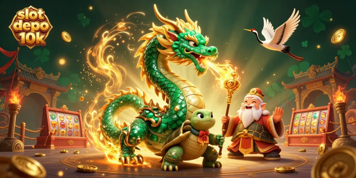 Engage in thrilling gameplay with slot depo 10k, vibrant dragons, and playful turtles in a dynamic casino illustration.