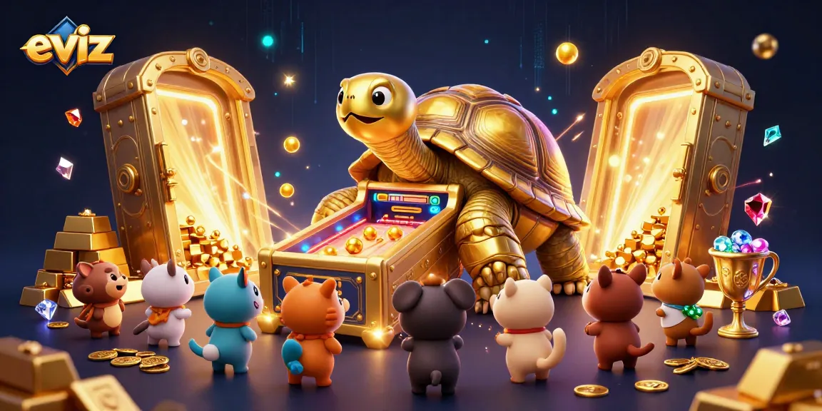 Experience thrilling gameplay at eviz with a magical cash prize scene featuring a colossal golden tortoise.