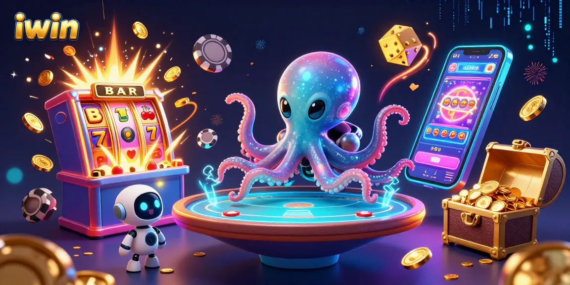 iwin showcases an alien octopus playing poker at a floating holographic table amidst vibrant casino elements.