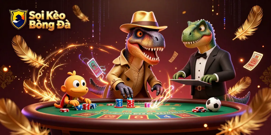 Soi Kèo Bóng Đá scene depicting a cartoon velociraptor card counter at a blackjack table in an exciting sports betting environment.