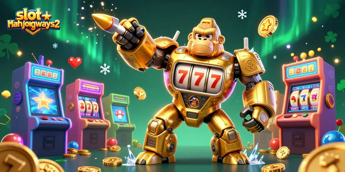 Engage with slot-mahjongways2: A vibrant 3D illustration showcasing a golden gorilla mech amid colorful gaming elements.