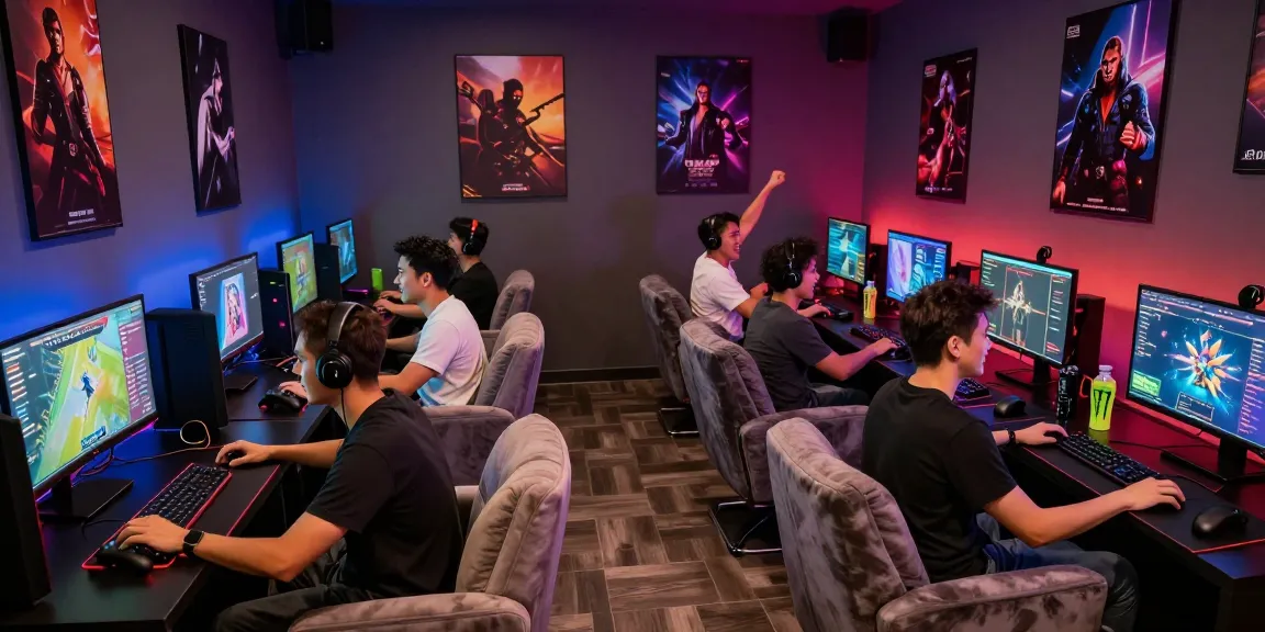 Exciting gaming lounge featuring iwin players celebrating victories and high-end gaming setups.