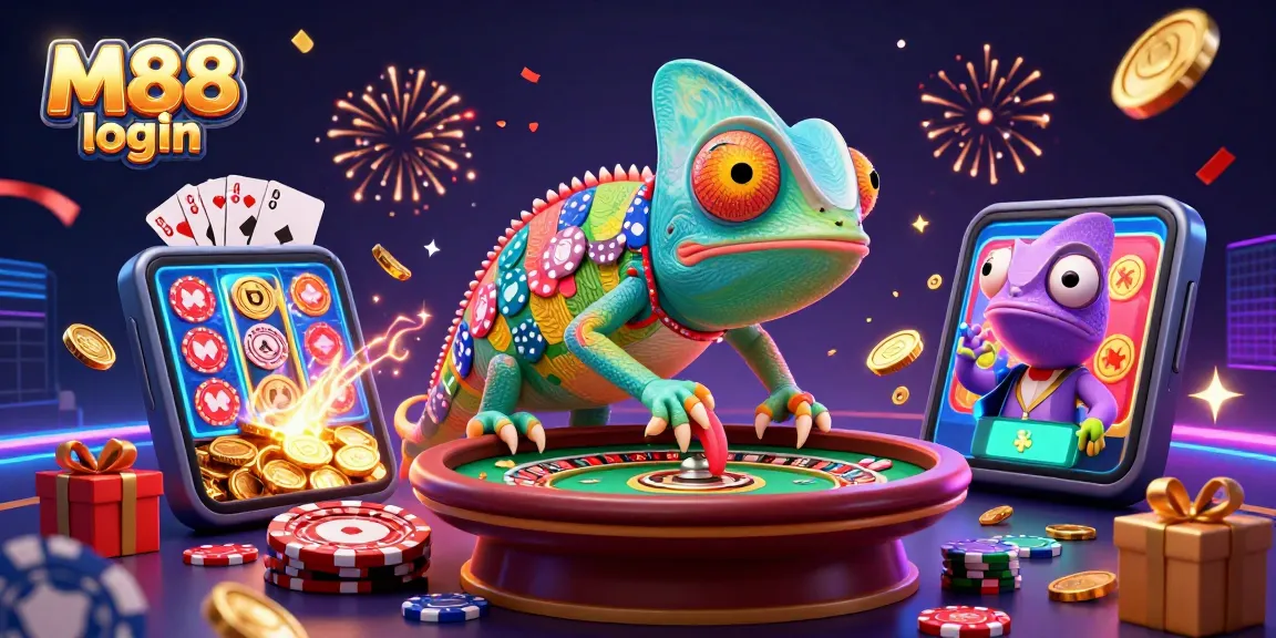 M88 login: Join the vibrant casino action with golden coins, cards, and dynamic gaming elements.