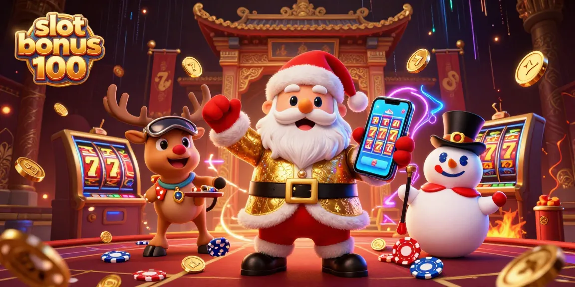 Experience thrilling action with slot bonus 100 as Santa and friends celebrate at a vibrant casino scene!