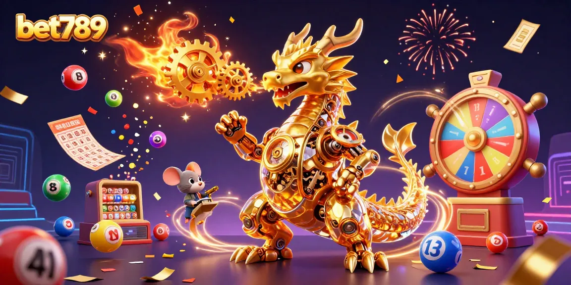 Bet789 features a dynamic 3D casino scene with a golden dragon amidst lottery balls and prizes.