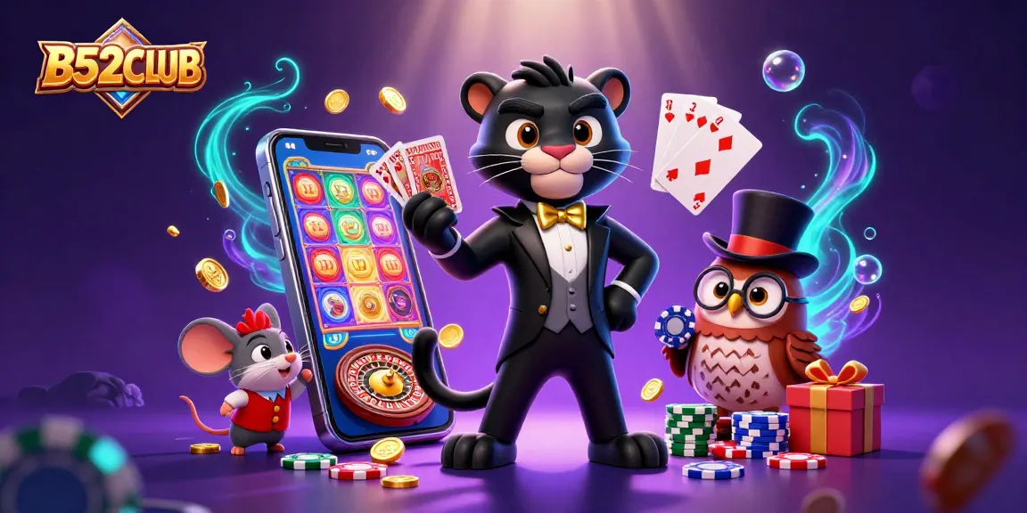 B52CLUB features a stylish cartoon black panther dealing cards, a playful owl, and a lucky mouse in a vibrant casino scene.
