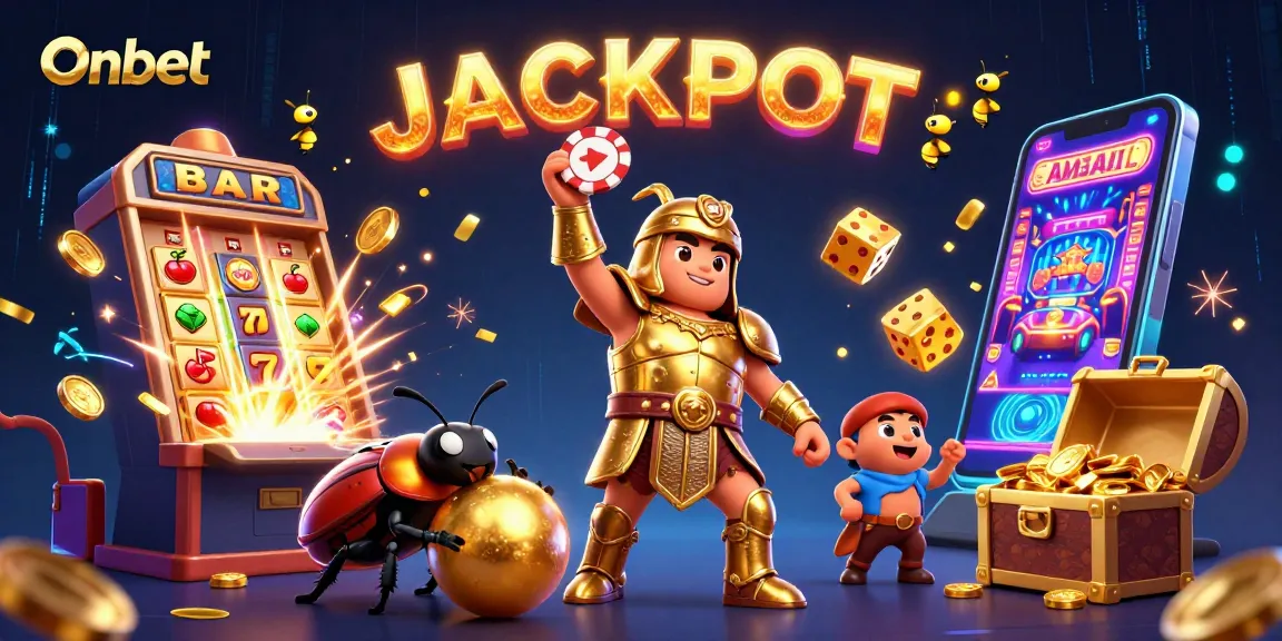 Experience winning with Onbet through a vibrant 3D casino scene featuring a joyful beetle and jackpot!