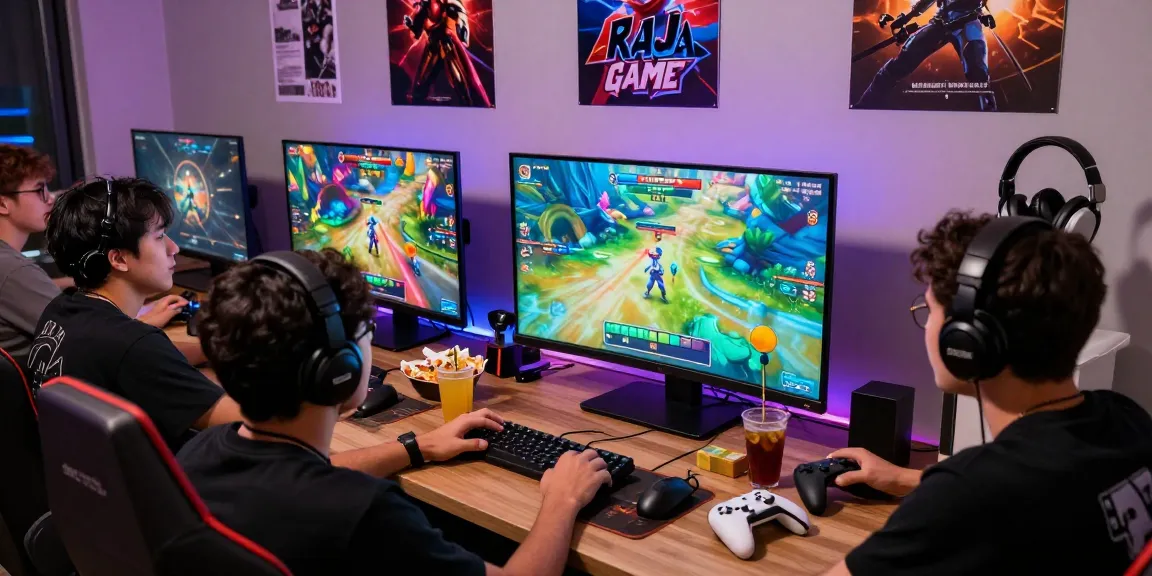 Friends enjoying Raja Game login experience together in a vibrant gaming setup.