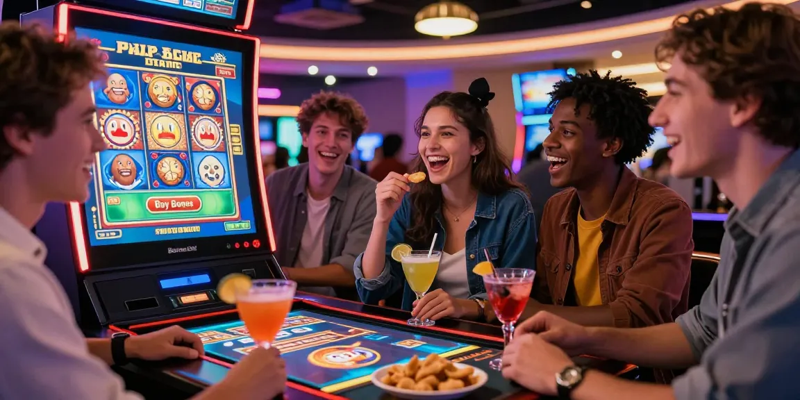 Diverse friends enjoying exciting bonus buy slots at an online casino, showcasing the thrilling gameplay experience.