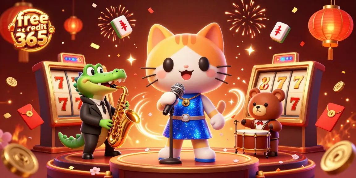 Experience excitement with free credit 365 as cartoon characters enjoy a lively casino scene with vibrant elements.