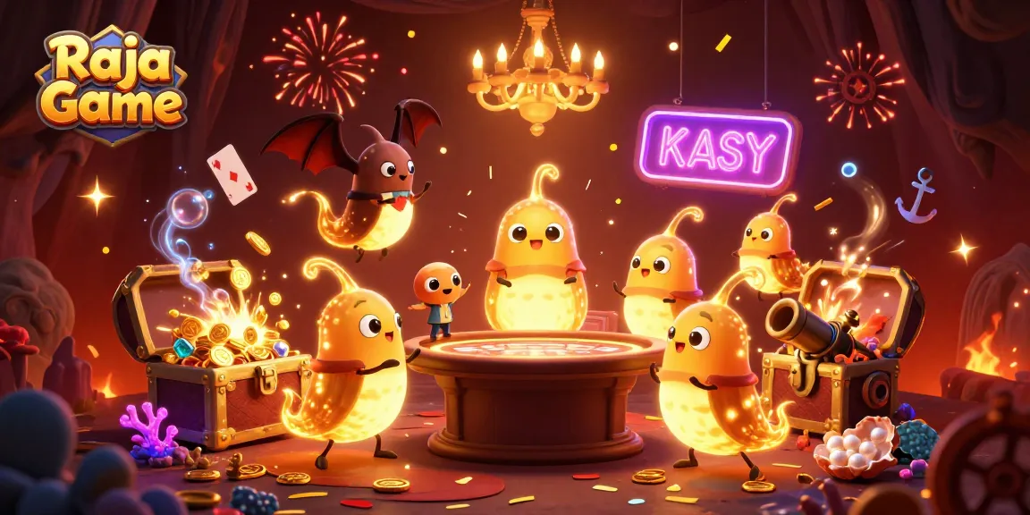 Play the exciting Raja Game with vibrant glowworms lighting up a casino filled with treasures.