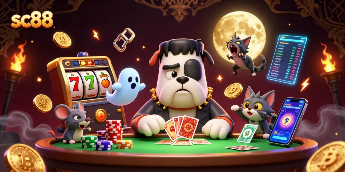 Win big at SC88 with a vibrant 3D casino scene featuring a bulldog dealer and jackpot elements.