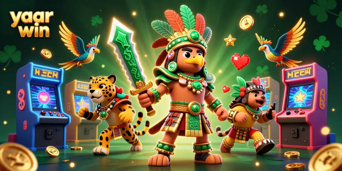 Experience yaar win in vibrant 3D casino-themed art featuring iconic Aztec warriors and gaming elements.
