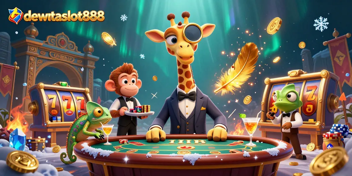 Menangkan jackpot dengan dewataslot888, ilustrasi kasino 3D menarik dengan simbol slot dan koin emas.