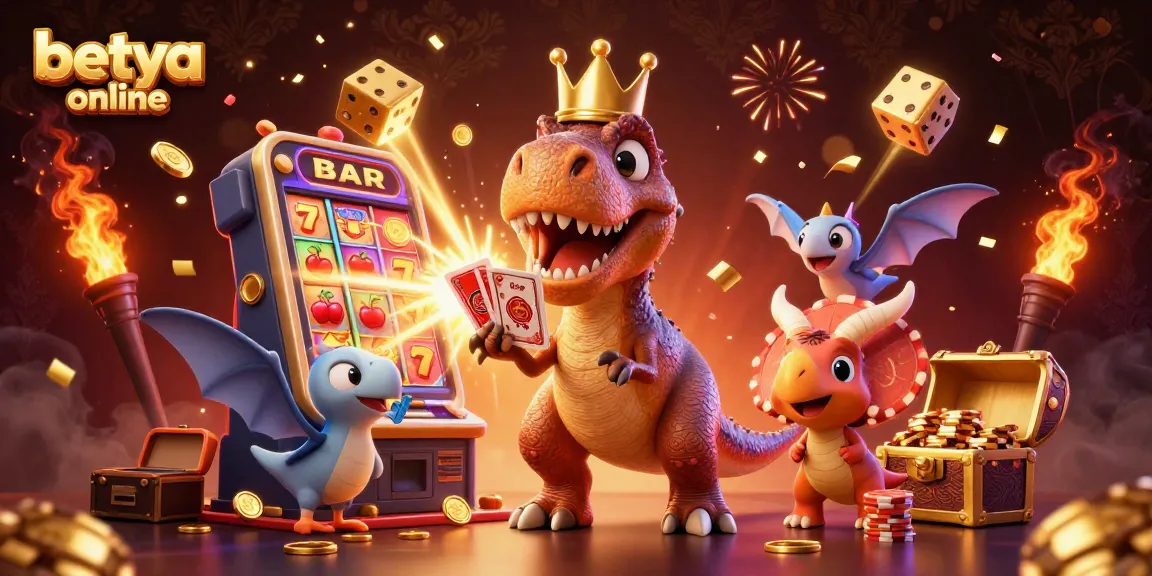 Experience lively action at betya online with cartoon dinosaurs engaged in gambling fun.