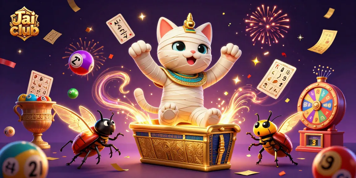 Experience the fun of Jai club with a vibrant 3D illustration of a mummy cat and exciting casino games.