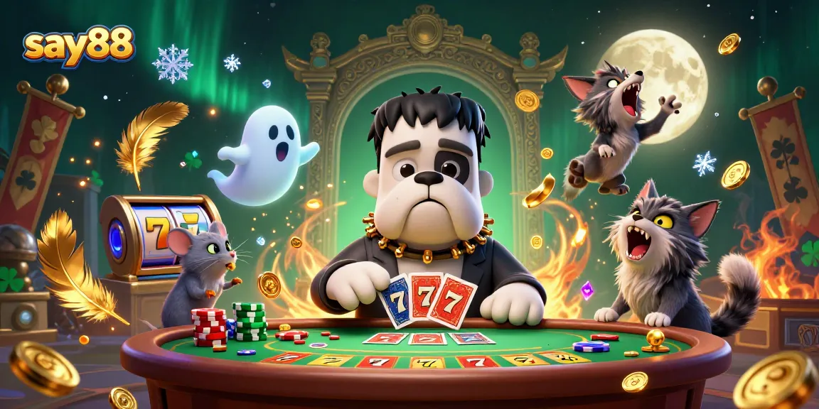 Engage with say88's thrilling casino adventures featuring a racing bulldog dealer and ghostly mouse amidst vibrant gaming elements.