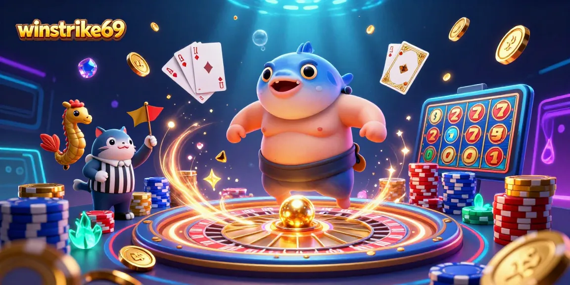 Experience winstrike69 excitement with vibrant underwater gambling characters amidst cascading coins and slot reels.