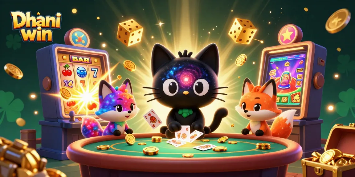 Engage in vibrant Dhani win gaming with a cosmic casino illustration, showcasing thrilling slots and character interactions.