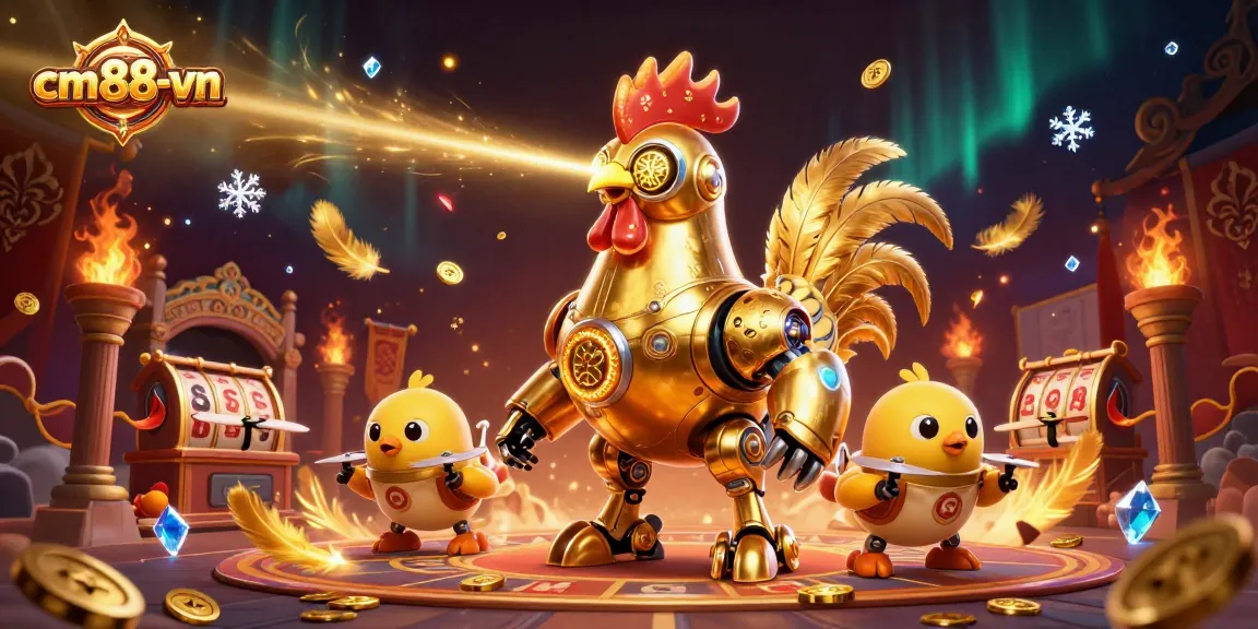 Engage in thrilling gameplay at cm88-vn with the golden rooster robot and chick drones in an exciting casino scene.