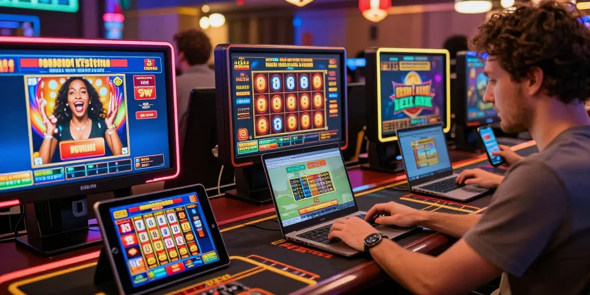 Players enjoying credit card casinos on digital devices, showcasing excitement and vibrant gameplay.
