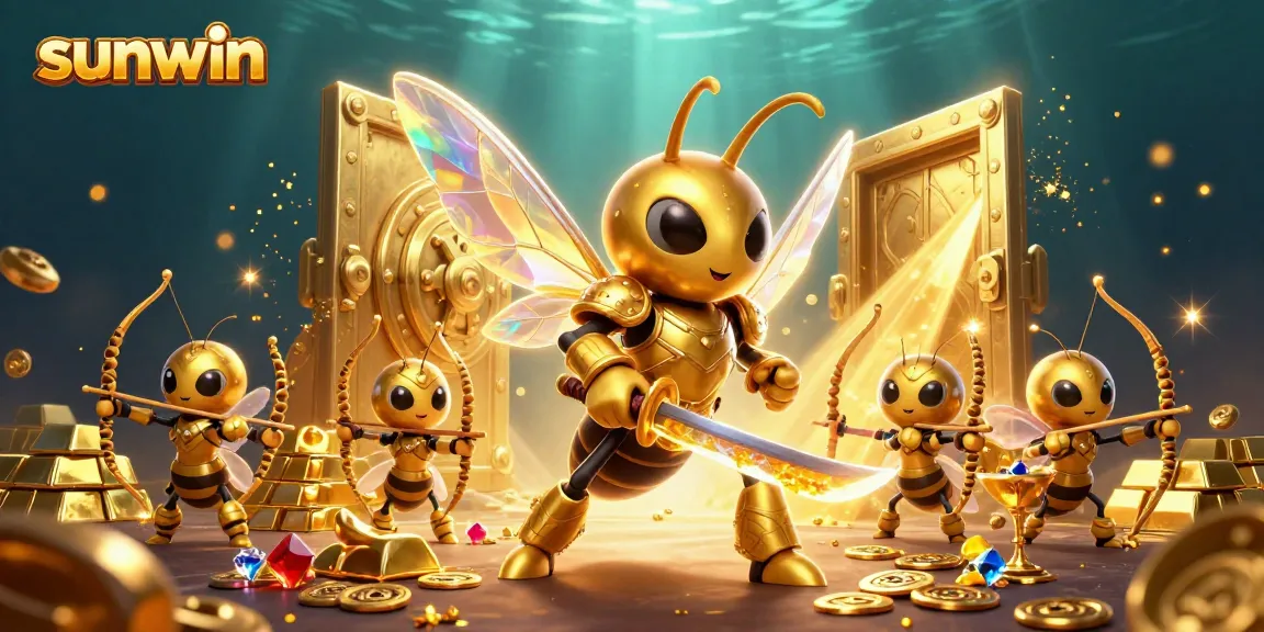 Experience thrilling gameplay at sunwin with a colorful illustration of 3D bee warriors and treasure