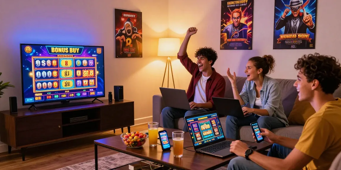 Friends enjoying bonus buy slots together in a cozy gaming atmosphere.
