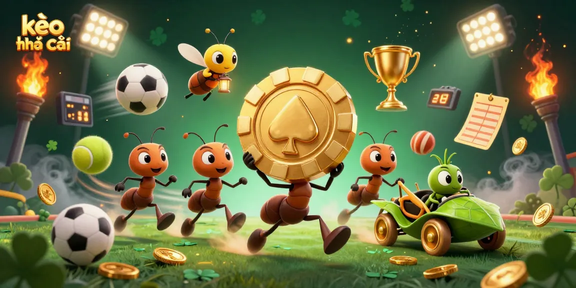 Engaging scene of kèo nhà cái with animated ants pulling a giant poker chip while sports balls and gold coins surround them.