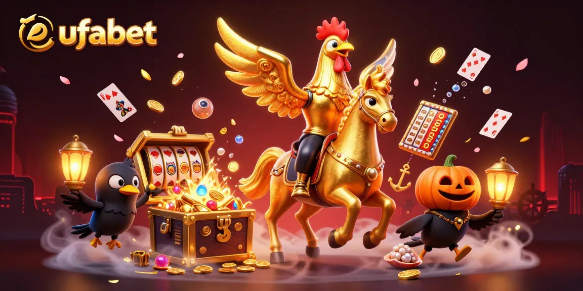 Play slots and win big at ufabet with a dynamic golden rooster and lantern-carrying companions.