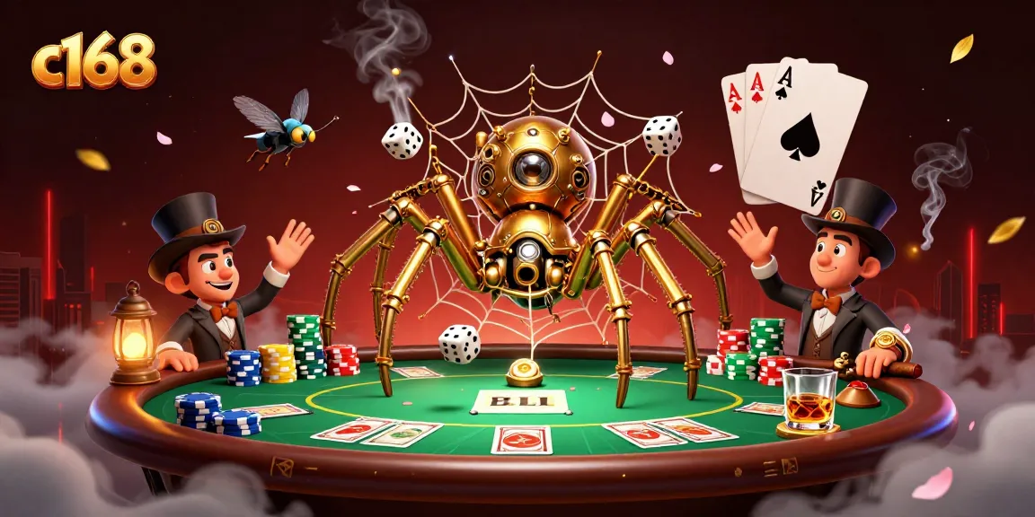 Engage with c168's thrilling poker action, witnessing a steampunk spider trap dice and a fly gentleman in a vibrant 3D casino scene.
