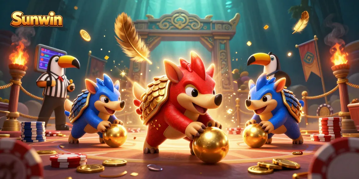 Sunwin elevates casino enjoyment with a thrilling pangolin showdown amidst poker chips and gold.