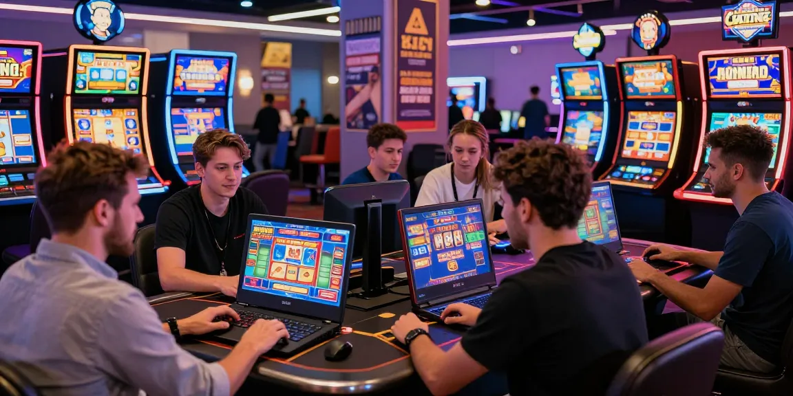 Exciting scene of players discovering new online casinos UK in a vibrant casino setting with colorful slot machines and interactive gaming.