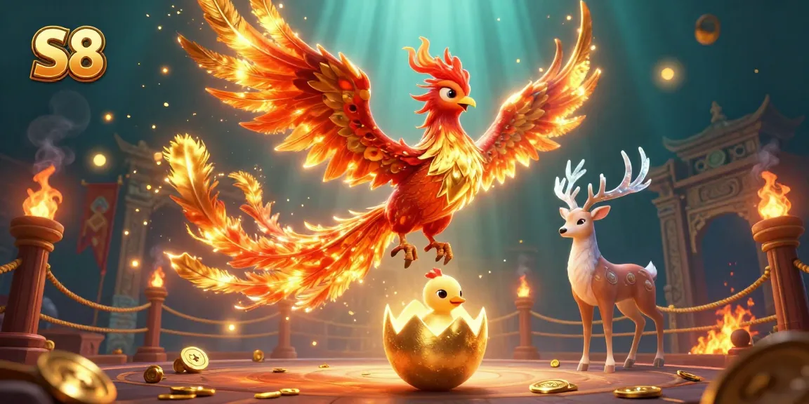 Engage in S8's thrilling world of gaming with a fiery phoenix and mystical stag illustration.