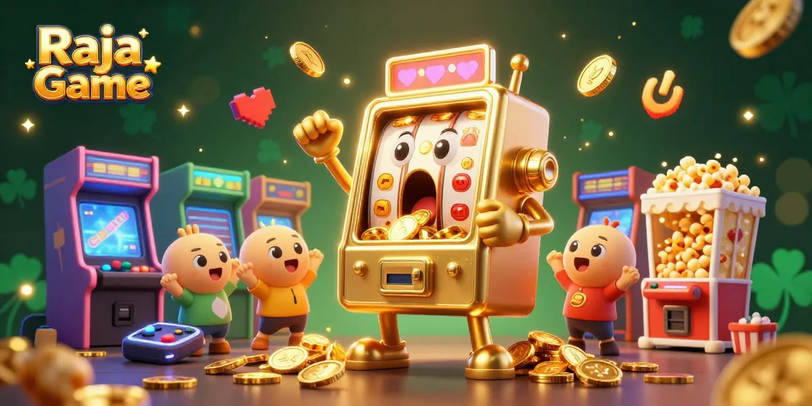 Experience excitement with Raja Game as a golden slot machine hits a jackpot, surrounded by cheerful arcade themes.