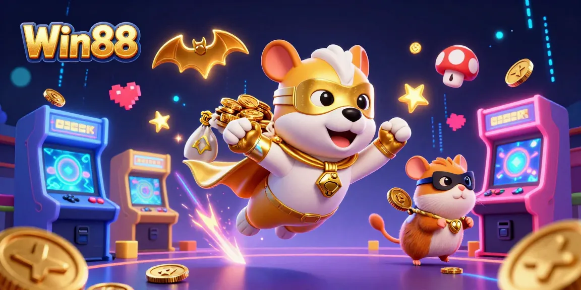 Win88 gaming scene with a superhero dog and hamster, coins, and arcade elements.
